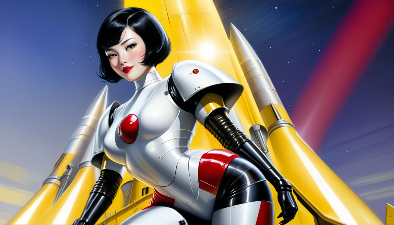 High-quality realistic acrylic painting, VIVID COLORS, back point a view, a beautiful vintage woman with short black straight hair, looking at the viewer with suspicious face and a shy smile, red lips, she wears white space Lackluster armor, hands in the waist, dramatic yellow lights, background night in 60´s rocket launch platform