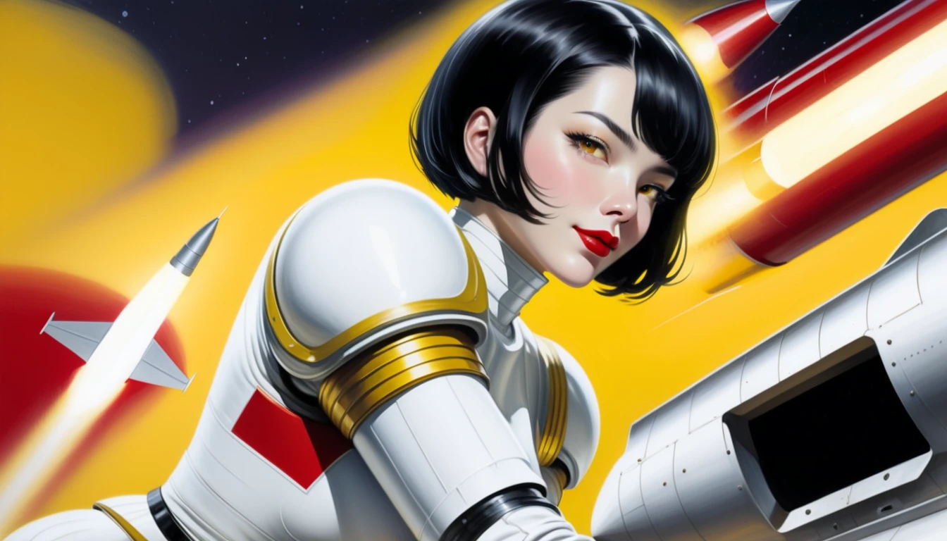 High-quality realistic acrylic painting, VIVID COLORS, back point a view, a beautiful vintage woman with short black straight hair, looking at the viewer with suspicious face and a shy smile, red lips, she wears white space Lackluster armor, hands in the waist, dramatic yellow lights, background night in 60´s rocket launch platform
