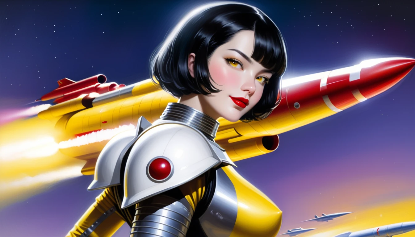 High-quality realistic acrylic painting, VIVID COLORS, back point a view, a beautiful vintage woman with short black straight hair, looking at the viewer with suspicious face and a shy smile, red lips, she wears white space Lackluster armor, hands in the waist, dramatic yellow lights, background night in 60´s rocket launch platform