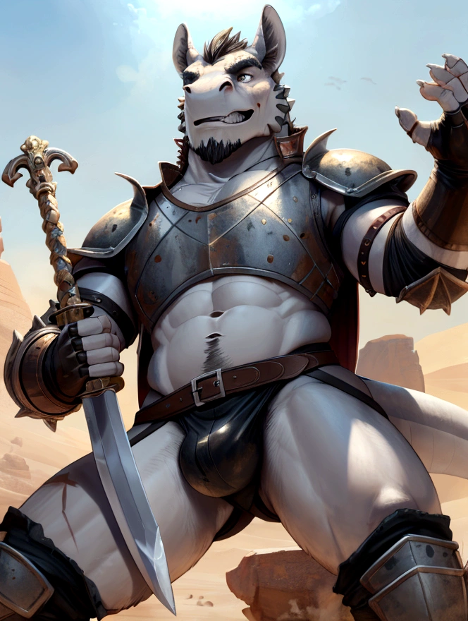 Solo Sexy young anthro scalie dragon male mercenary medieval solider, slim endomorph muscular, anthro handsome gay shorter muzzle, handsome gay model male apperance, sword scars, worn out leather skimpy armament, low on hips heavy leather belt, old very worn out skimpy dirty linen material jockstrap, old yellow dirty worn out stains on white sawn jockstrap, very visible "x" brown seam pattern on the jockstrap, studded skimpy armlets breastplate armor, skimpy breastplate, grey sharp husk, leather bondages, fingerless leather gloves, smelly unwashed husk, dirty body look, desert battlefield, standing in sexy victorious position above me, agressive dirty playfull grin, he is looking down into my eyes, first person view of view from ground under his close jockstrap