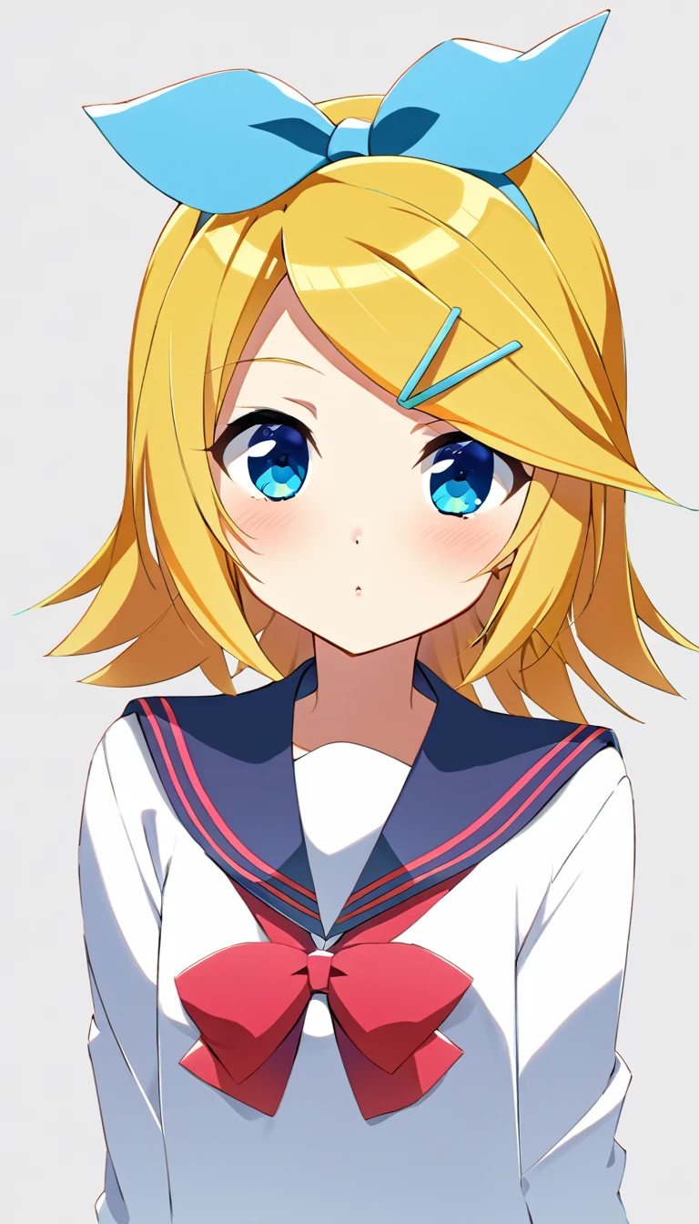 one girl, Kagamine Rin, Vocaloid, blue eyes, simple background, sailor uniform, hair clip, hair bow, fourteen years old, naive