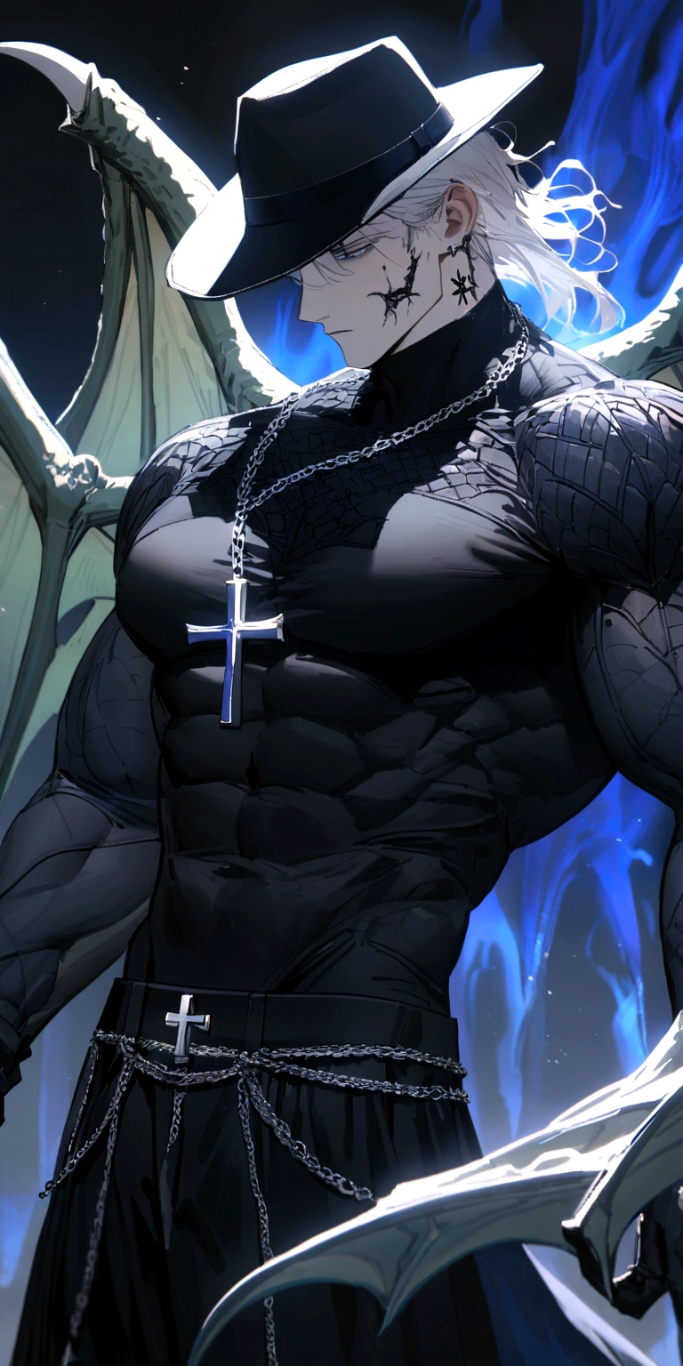 homen,Strong muscles, White hair, best qualityer, black top shirt with Los name in blue, blue and black clothes, Dragon Wings, black cloth on face, silver cross chain on neck, black long-brimmed fedora hat with black and blue dragon horns on the hat, blue aura
