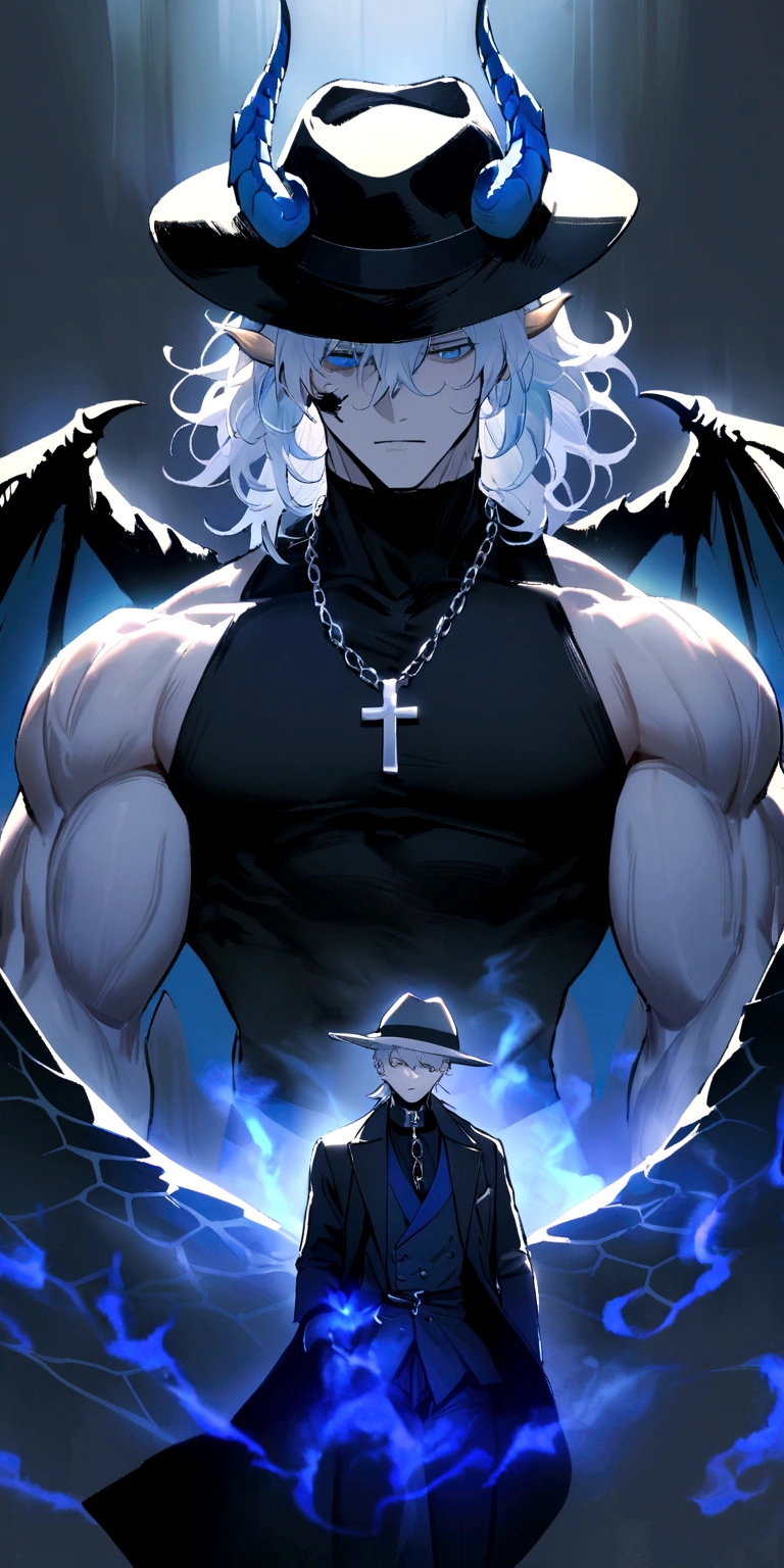 homen,Strong muscles, White hair, best qualityer, black top shirt with Los name in blue, blue and black clothes, Dragon Wings, black cloth on face, silver cross chain on neck, black long-brimmed fedora hat with black and blue dragon horns on the hat, blue aura
