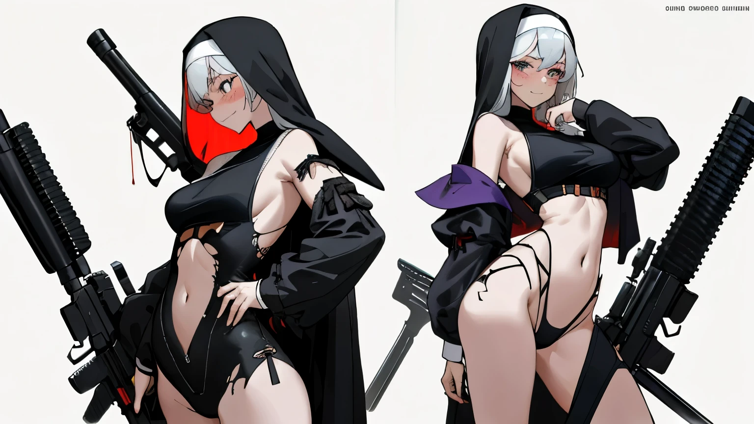 2 erotic nun oneesama ,{{{{{ badly torn clothes}}}}} ,clothes with gorgeous embroidery are slit on side and divided into front and back, embarrassed dynamic pose, cutout chest, shooting from the front, bare belly button, bare shoulder, ,off shoulder, pull down pants, show off breasts, {{{large breasts}}}, {{{{{{ comic magazine collage}}}}}},unzipped, exoskeleton, hold massive rifle ,militarized church background,back shot,{{{{bare hip}}}},backless,bottomless,sci-fi,ridicule and scorn smile,epic eros,epic sexy