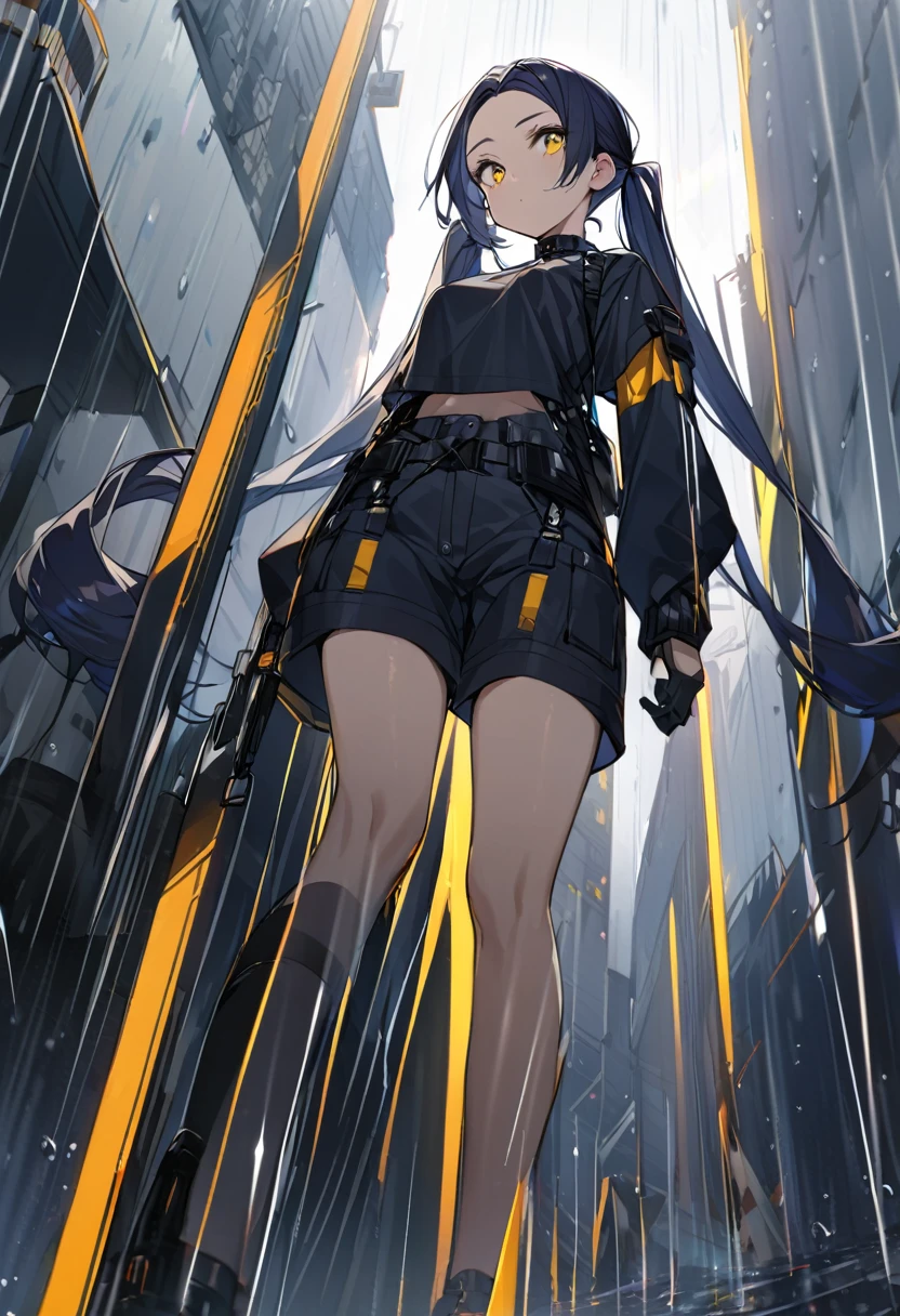 (One person,Very tall woman,Dark navy blue hair,Her hairstyle is twin tails that expose her forehead.,Medium chest,yellow eyes,Black Techwear,Shorts,Angle from below,The background is a rainy road)