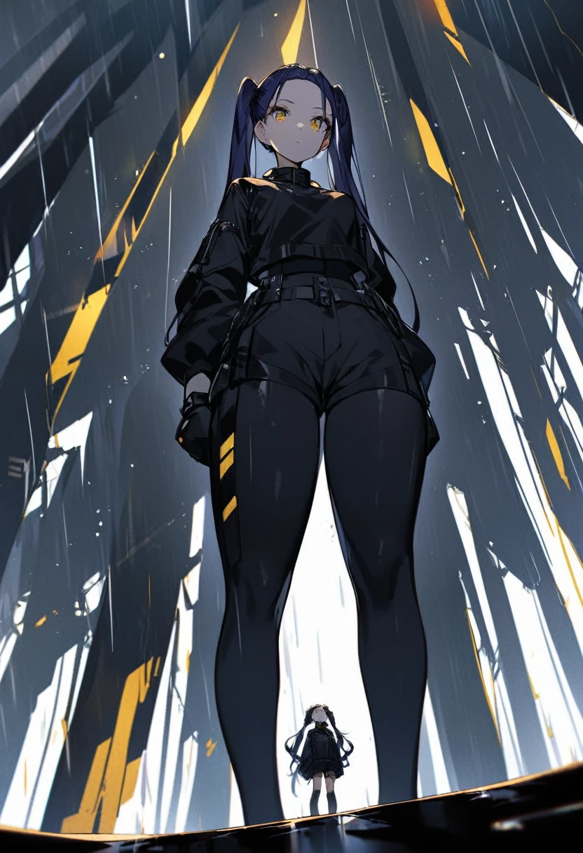(One person,Very tall woman,Dark navy blue hair,Her hairstyle is twin tails that expose her forehead.,Medium chest,yellow eyes,Black Techwear,Shorts,Angle from below,The background is a rainy road)