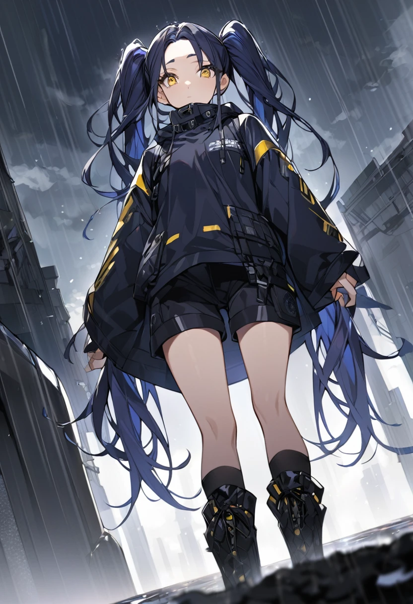 (One person,Very tall woman,Dark navy blue hair,Her hairstyle is twin tails that expose her forehead.,Medium chest,yellow eyes,Black Techwear,Shorts,Angle from below,The background is a rainy road)