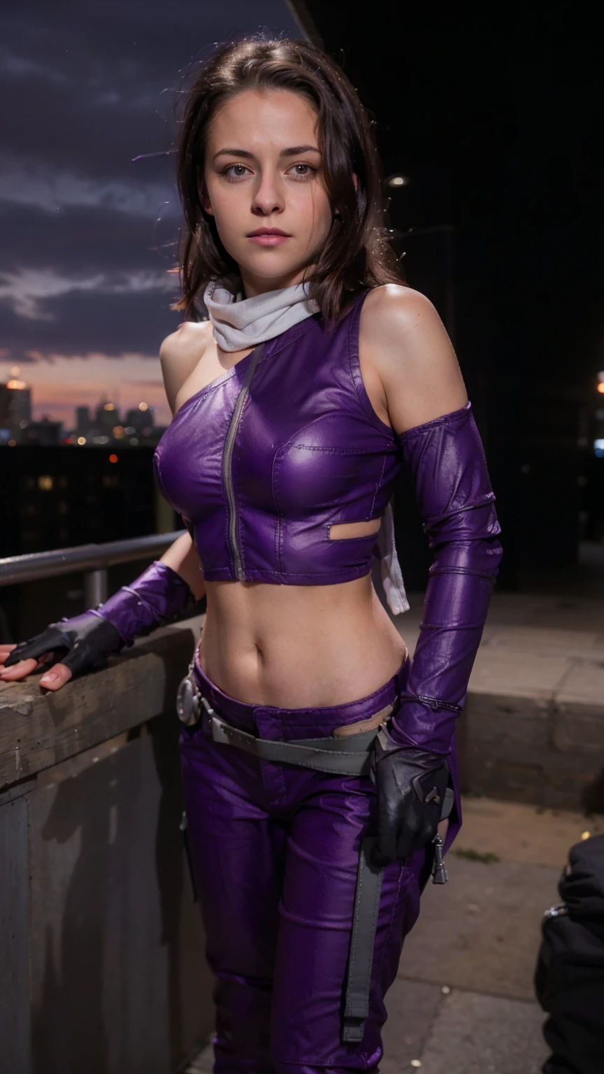 (masterpiece), (photorealistic1.4), (1 girl), (solo), (best quality), (large breasts), (epiCRealLife), (Kate Bishop long hair), (sleeveless top), (kateb2023 black utility belt), (kateb2023 purple costume), (purple pants) (kateb2023 purple sleevless bodysuit), (sks woman, Kristen Stewart, white scarf),(white scarf), (kateb202), (bare shoulder), (night time), (kateb2023 wearing black boot), (elbow gloves), (abs), (flash photography), (flashphoto), (outdoor), , (sunset), (look at viewers),(light smile), , standing on new york city rooftop), (from side), (city landscape), (close up)