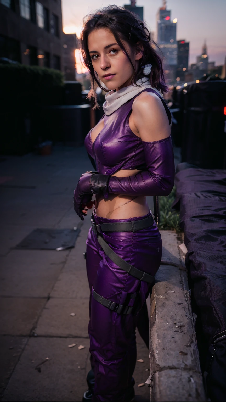 (masterpiece), (photorealistic1.4), (1 girl), (solo), (best quality), (large breasts), (epiCRealLife), (Kate Bishop long hair), (sleeveless top), (kateb2023 black utility belt), (kateb2023 purple costume), (purple pants) (kateb2023 purple sleevless bodysuit), (sks woman, Kristen Stewart, white scarf),(white scarf), (kateb202), (bare shoulder), (night time), (kateb2023 wearing black boot), (elbow gloves), (abs), (flash photography), (flashphoto), (outdoor), , (sunset), (look at viewers),(light smile), , standing on new york city rooftop), (from side), (city landscape), (close up)