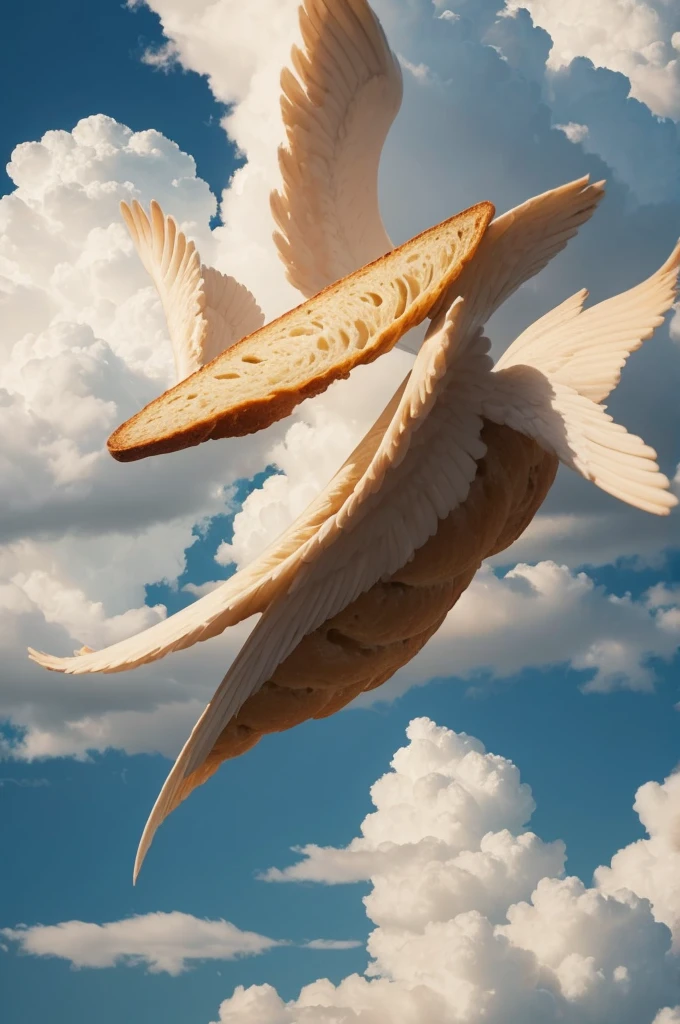 A bread with wings flying through clouds