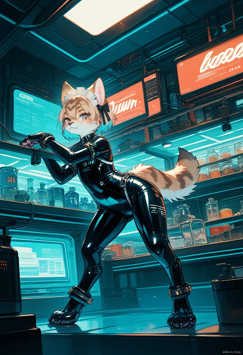 Highest quality, Highest quality, High quality illustrations, masterpiece, Ultra-high resolution, Detailed Background, Futuristic Bar, Shisha, Absurd, Perfect ???????, Performance, Good lighting, Shadows in the movie(kemono, Furry Personification), Rubber suit, Rubber Suit, latex, Earrings, Maid, Cat, male