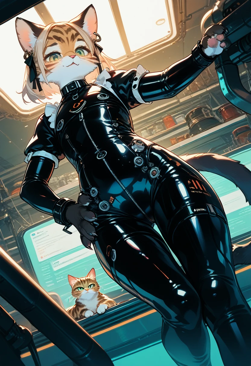Highest quality, Highest quality, High quality illustrations, masterpiece, Ultra-high resolution, Detailed Background, Futuristic Bar, Shisha, Absurd, Perfect Anatomy, Performance, Good lighting, Shadows in the movie(kemono, Furry Personification), Rubber suit, Rubber Suit, latex, Earrings, Maid, Cat, male