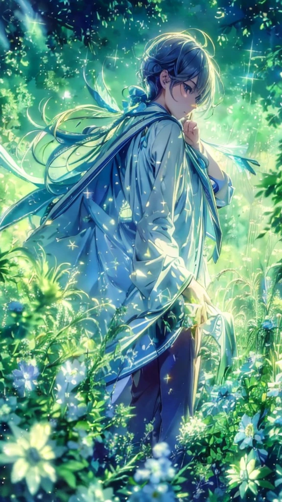 A man standing on a sparkling meadow、gemが散りばめられている、gem、blue、White、Fairy、spirit、water、SEED number 3463492918