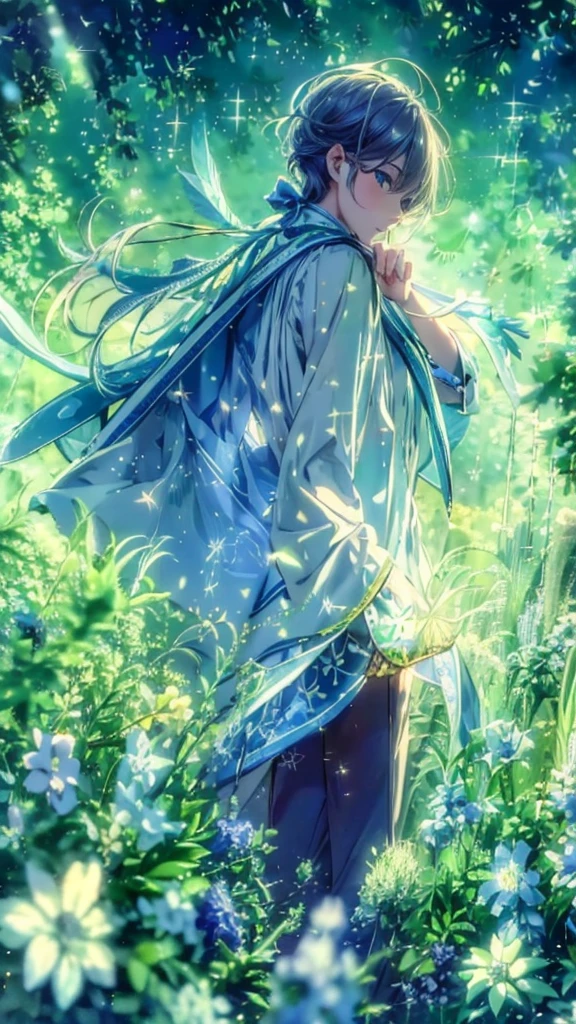 A man standing on a sparkling meadow、gemが散りばめられている、gem、blue、White、Fairy、spirit、water、SEED number 3463492918