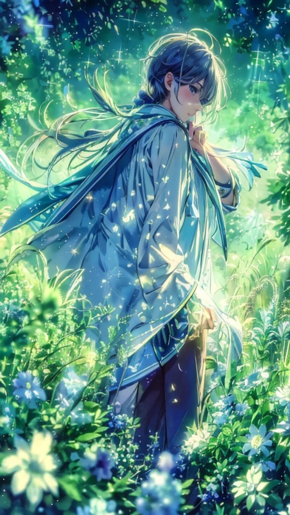 A man standing on a sparkling meadow、gemが散りばめられている、gem、blue、White、Fairy、spirit、water、SEED number 3463492918