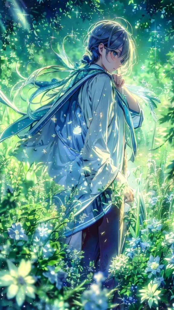 A man standing on a sparkling meadow、gemが散りばめられている、gem、blue、White、Fairy、spirit、water、SEED number 3463492918