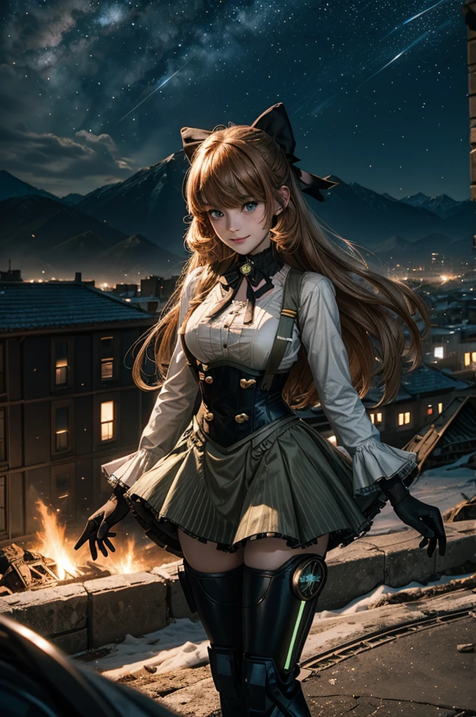 cowboy shot, (dynamic pose), smile,  underbust, Penny Polendina, long hair, neck ribbon, suspender skirt, corset, black bow, white blouse, mechanical legs, neon trim, standing, ((people in city ruins on hill, overlooking valley)), BREAK night, stars, moon, snow, BREAK mountains in background, waterfall, vehicle wreck, ((people in military uniform)), bonfires, post-apocalypse, dystopian future, (volumetric lighting), intricate details, tonemapping, sharp focus, hyper detailed

