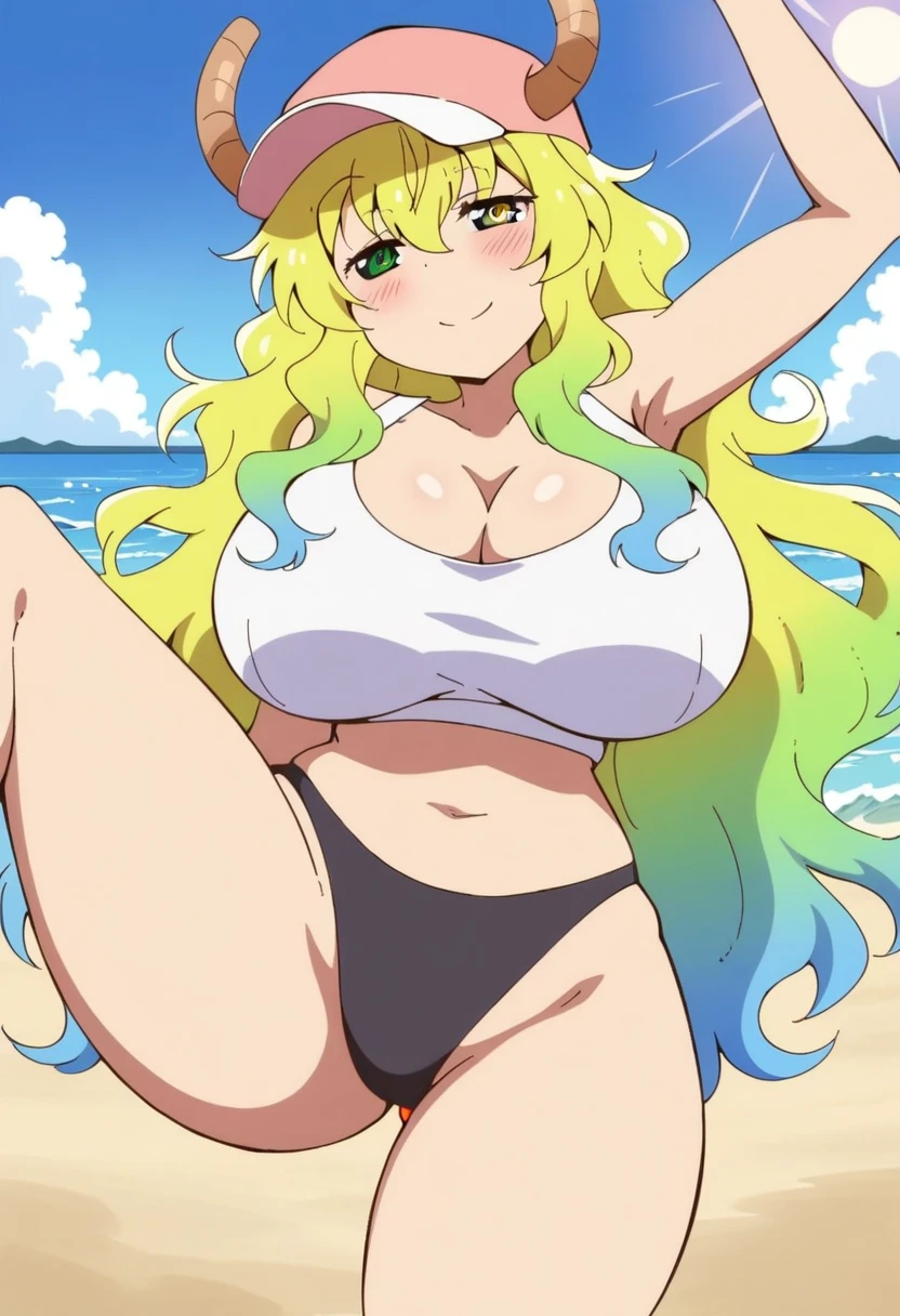 anime art style, 2d, masterpiece, best quality, very aesthetic, absurdres, dynamic shadows, atmosferic, lucoa_md, (1girl), (blonde hair), long hair, (gradient hair), green hair, blue hair, heterochromia, green eye, yellow eye, ahoge, hair between eyes, bangs, big breasts, cleavage, curvy body, collarbone, makeup, blush, (sexy smile), horns, hat, pink baseball cap, white crop top, black thong, sexy smile, (cowboy shot), (standing split), (from below), beach, clouds, sky, sun
