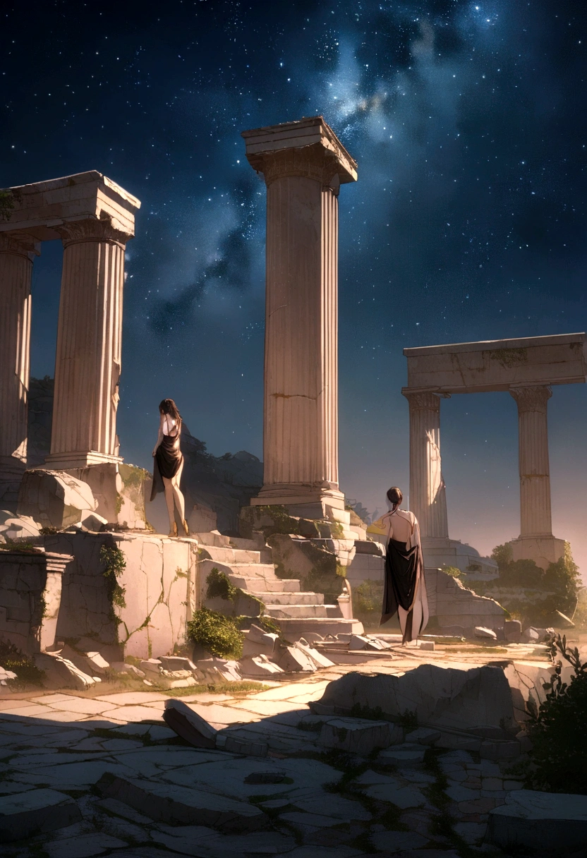 scenario, ruins of ancient Greece, undoing, Starry sky, 8K, cinematographic