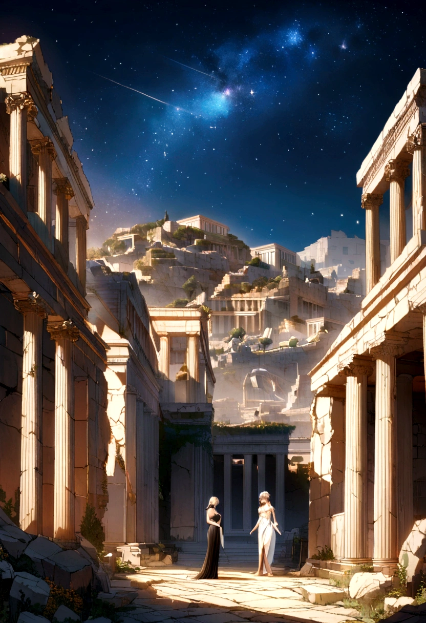 scenario, ruins of ancient Greece, undoing, Starry sky, 8K, cinematographic