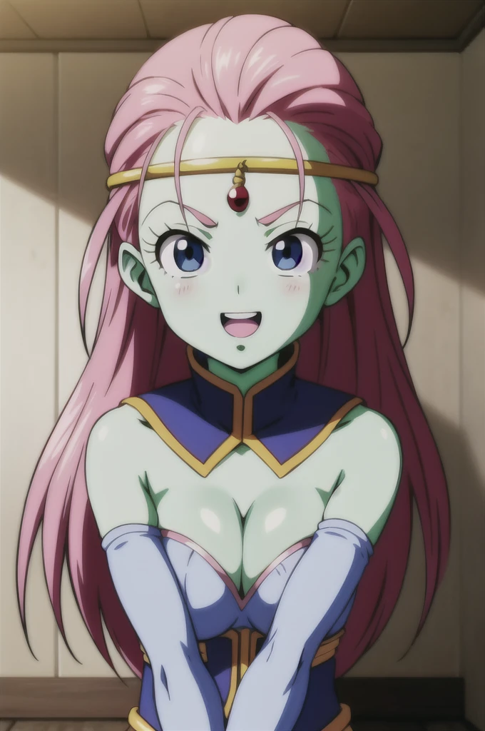 Kawei, One girl, alone, Long Hair, View your viewers, Open your mouth, blue eyes, Pink Hair, Skin of color, surprised, Circlet, Bare shoulders, Gold Cap, arms by side, Blue Collar, Detachable collar, eyelash, Green skin, close, low-tied Long Hair, Pointy Nose, V-shaped eyebrows, tongue, Blue leotard on the upper teeth, Removable sleeves, Blue Armwear, smile, 　Heart Big Tits　Venus flytrap　Kissing Face　Throw kiss　Bewitching beauty and girls ballet　Embracing each other
 