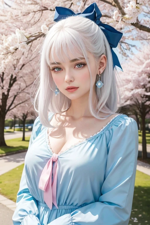 In this image, a young woman with white hair and blue eyes is the central figure. She has a soft expression on her face and is wearing a light blue blouse adorned with a large pink bow at the neckline... A is in front of a tree loaded with cherry blossoms, that are falling softly around her. The background reveals a serene seaside scene under a clear sky.