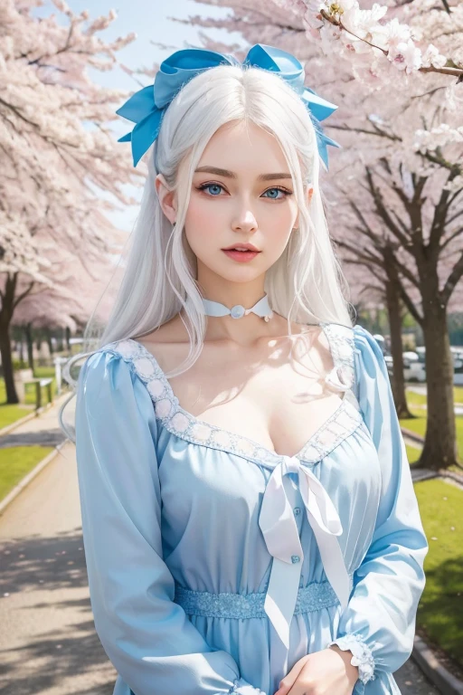 In this image, a young woman with white hair and blue eyes is the central figure. She has a soft expression on her face and is wearing a light blue blouse adorned with a large pink bow at the neckline... A is in front of a tree loaded with cherry blossoms, that are falling softly around her. The background reveals a serene seaside scene under a clear sky.