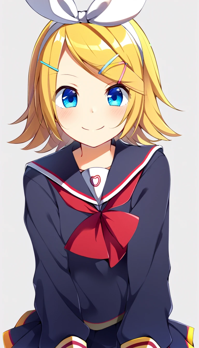 one girl, Kagamine Rin, Vocaloid, blue eyes, simple background, black sailor uniform, hair clip, hair bow, fourteen years old, naive, smile gently