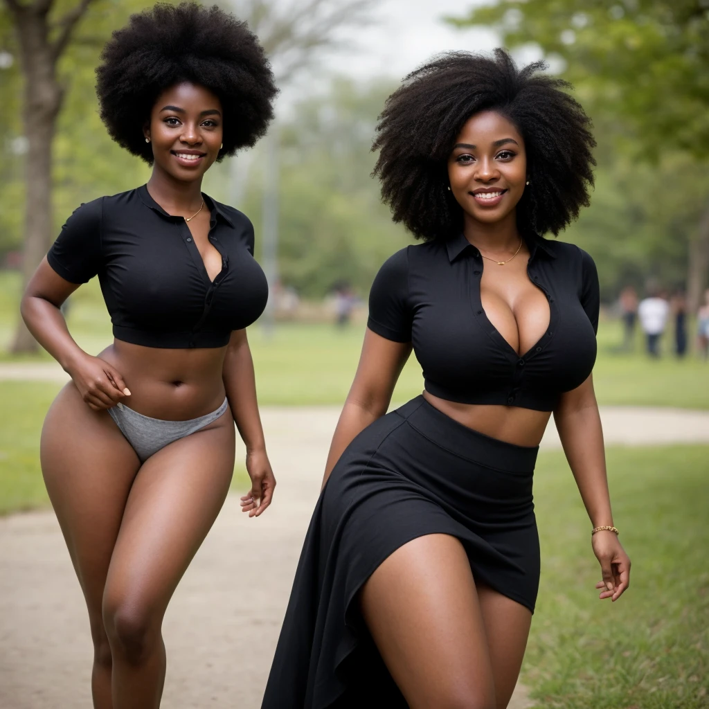 ONE GIRL. best quality, ultra-detailed, hyper realistic, 8k, full body shot, 23 years old, Nigerian beautiful girl, round shaped face, dark black skin, highly detailed skin with blemishes, ebony, dark natural afro hair, fit athletic figure, full body, big natural E cup breasts, big butt, wide hips, wearing a sexy shirt, loose long skirt, cleavage, smiling, in a crowded park