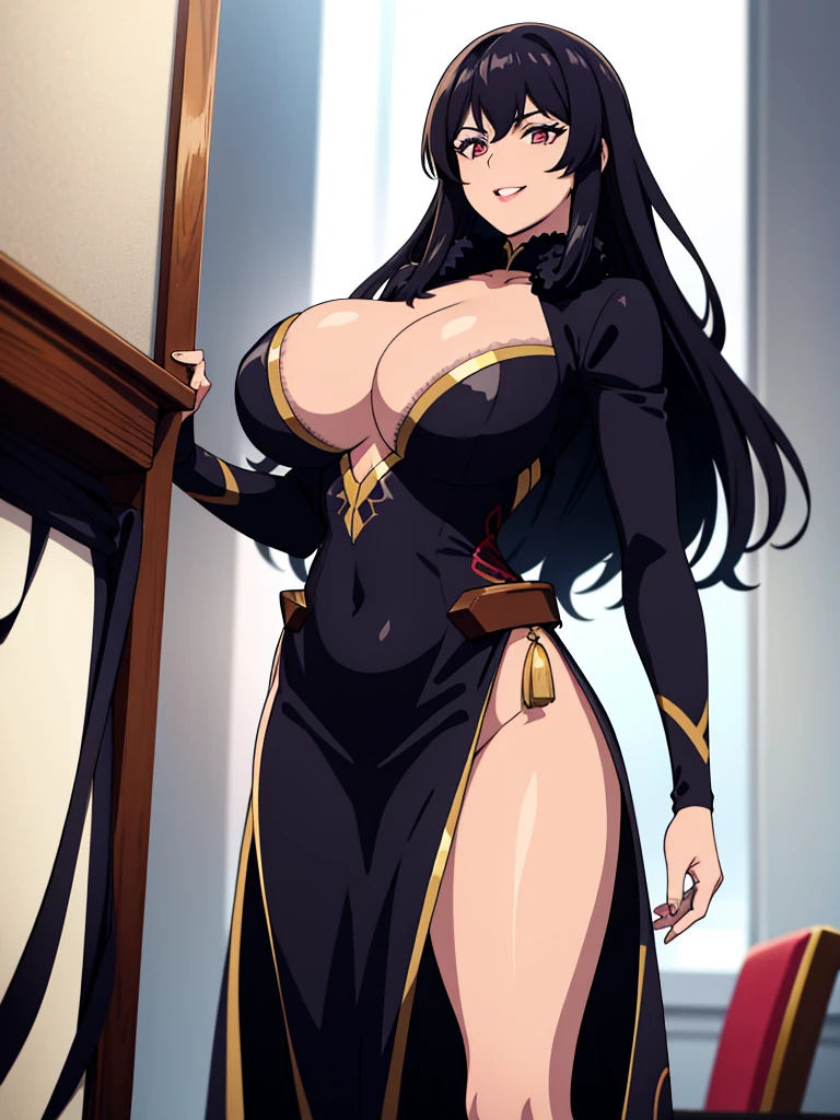 [a gorgeous, sexy mature woman with a seductive smile and parted lips stands against a white background, slightly dark skin, She has sharp eyelashes, eyes browns, and long black hair with bangs. His figure is voluptuous, with a narrow waist, Broad Hips, and huge breasts. The image has an impact, Genshin-inspired style, rendered in high detail and HDR quality as a stunning work of art.]