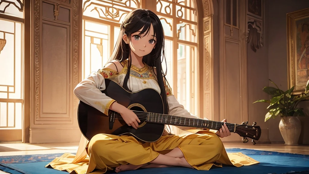 Create an anime-style image of a 16-year-old girl named Mellow. Mellow should have the following characteristics:Eyes: Blue, reflecting a serene and calm expression.Hair: Long, straight, and black, flowing smoothly down her back.Expression: Serene and peaceful, with a gentle smile that conveys tranquility.Outfit: Mellow should be dressed in a traditional Indian Anarkali suit, which is a long, flowy dress that is fitted at the top and flares out at the bottom. The Anarkali suit should be beautifully embroidered, reflecting traditional Indian style. Use rich and detailed colors and patterns to showcase intricate designs.Accessories: Minimal, such as a simple bracelet or necklace to highlight her natural beauty and the traditional attire.Pose and Setting:Pose: Emphasize Mellow playing the sitar. She should be sitting with the sitar in her hands, strumming the strings with a focused yet relaxed expression. Her posture should convey engagement with the music, showcasing her skill and passion for playing the sitar.Setting: The background should depict a cozy, well-lit indoor setting, creating a peaceful and relaxing atmosphere. Include elements like soft lighting, traditional Indian decor, and a serene ambiance to enhance the setting.Negative Prompt: Ensure no text is included in the image."