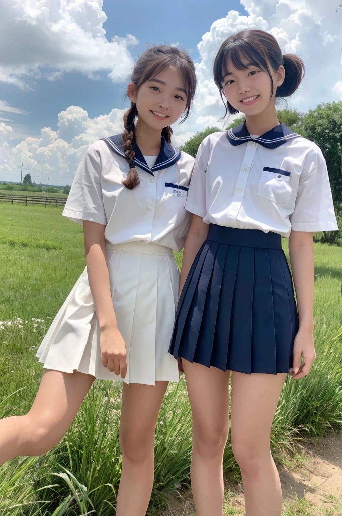 2 girls in rural field,cumulonimbus cloud in summer sky,sailor shirt,navy blue pleated skirt,white panties,18-year-old,bangs,a little smile,thighs,knees,short hair with low pigtails bunches,from below,front light