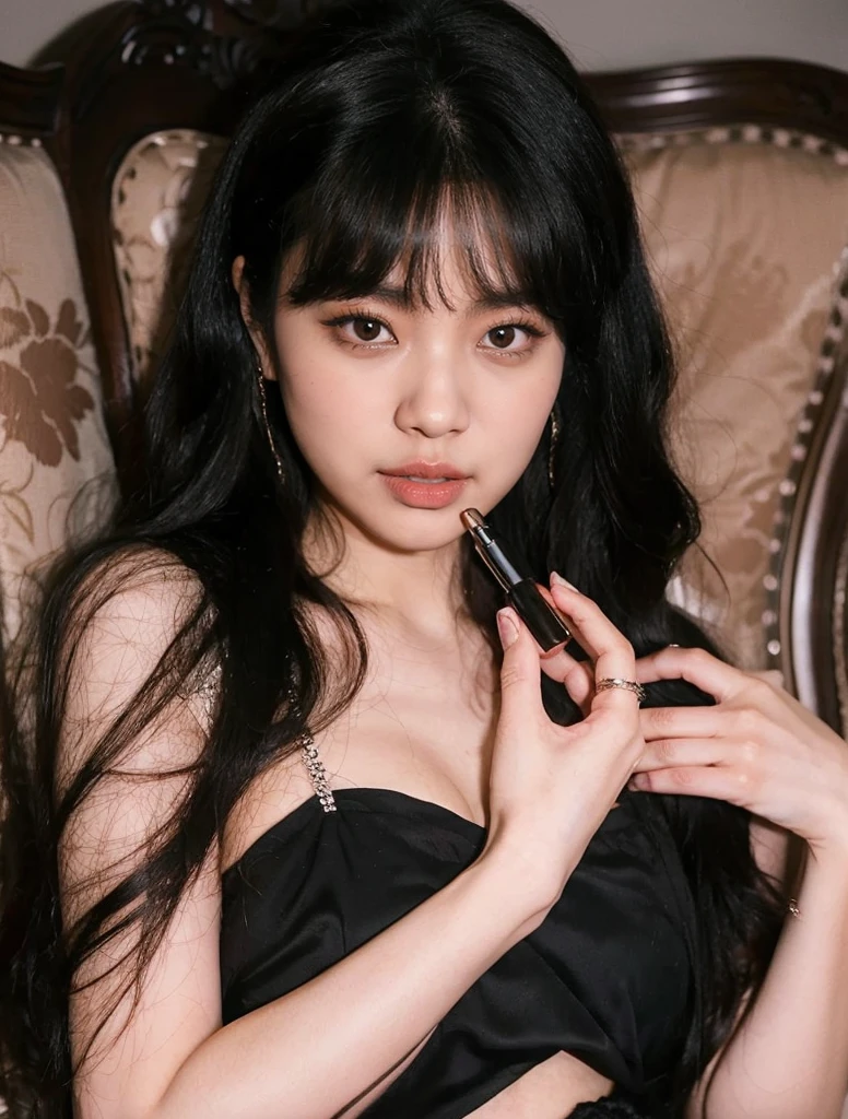 Jennie, wavy black hair, full lips, doll lips, large eyes.