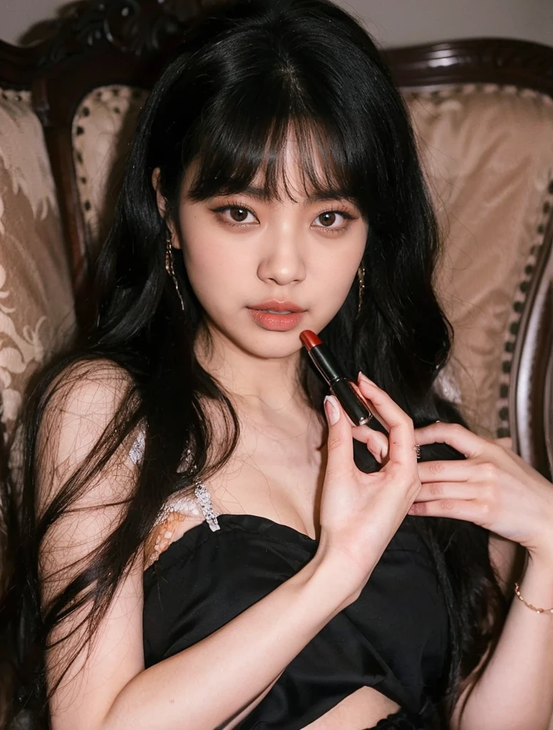 Jennie, wavy black hair, full lips, doll lips, large eyes.