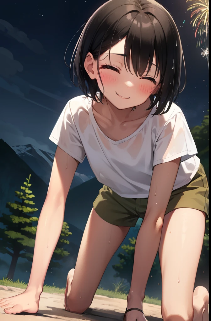 On all fours in the mountains,smile,Close ~ eyes,1. small  ,short hair,Black Hair,blush,White T-shirt,Olive green shorts,Brown Sandals,White skin,From below,shy,Put your hands between your legs,night,firework,Sweaty,Wet,Cowboy Shot
