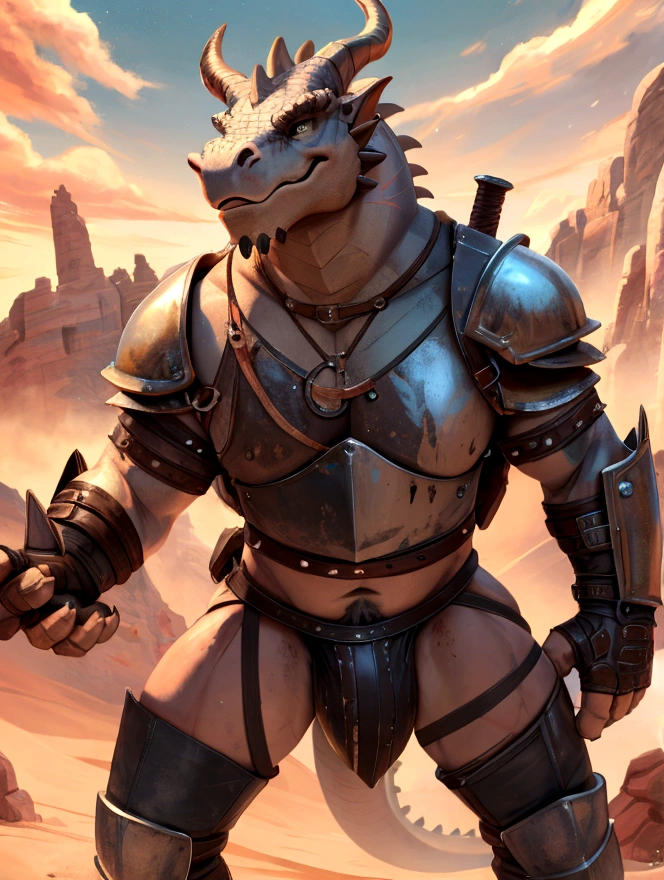 Solo Sexy young anthro scalie dragon male mercenary medieval solider, slim endomorph muscular, anthro handsome gay shorter muzzle, handsome gay model male apperance, sword scars, worn out leather skimpy armament, low on hips heavy leather belt, old very worn out skimpy dirty linen material jockstrap, old yellow dirty worn out stains on white sawn jockstrap, very visible "x" brown seam pattern on the jockstrap, studded skimpy armlets breastplate armor, skimpy breastplate, grey sharp husk, leather bondages, fingerless leather gloves, smelly unwashed husk, dirty body look, desert battlefield, standing victorious above me, agressive dirty playfull grin, he is looking down into my eyes, first person view of view from ground under his close jockstrap, legs wide open apart, 
view of the crotch from underneath with a jockstrap
 