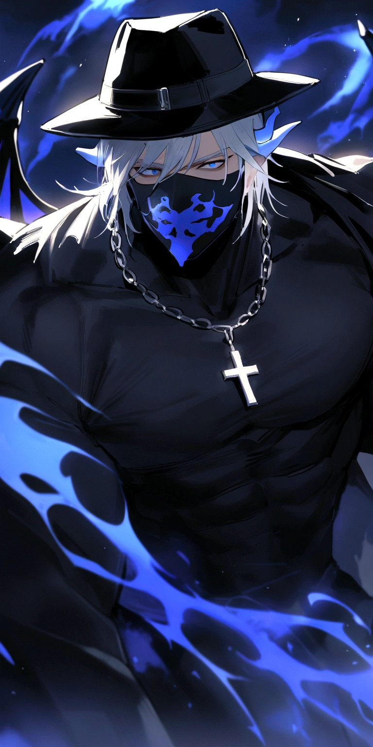 homen,Strong muscles, White hair, best qualityer, black top shirt with Los name in blue, blue and black clothes, Dragon Wings, black cloth on face, silver cross chain on neck, black long-brimmed fedora hat with black and blue dragon horns on the hat, blue aura, with black ninja mask on his mouth