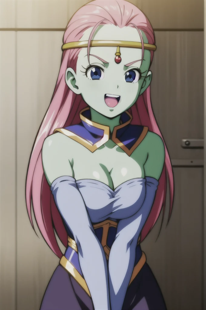 Kawei, One girl, alone, Long Hair, View your viewers, 口をclose, blue eyes, Pink Hair, Skin of color, smile, Circlet, Bare shoulders, Gold Cap, arms by side, Blue Collar, Detachable collar, eyelash, Green skin, close, low-tied Long Hair, Pointy Nose, V-shaped eyebrows, tongue, Blue leotard on the upper teeth, Removable sleeves, Blue Armwear, Big Breasts sex View from the front