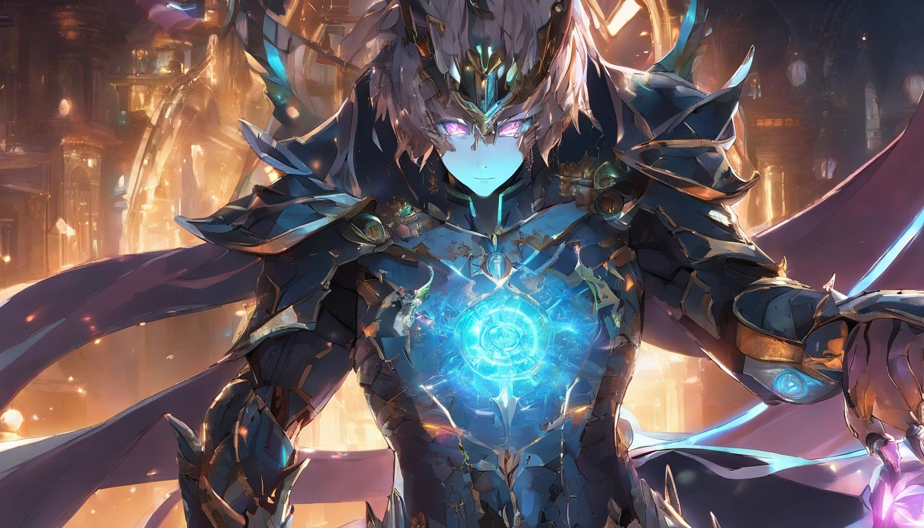 Ancient anime style, artbook, comicbook, RPG, futuristic medieval, steampunk.  A demon warrior of light, wearing battle armor with glowing magic markings, dynamic pose, full body, human face with glowing magical tribal tattoos with celestial tones, demon features, golden horns with glowing magic markings, demon tail, demon skin magical pearly stone with glowing carved marks, glowing eyes, using a technological magic long spear with glowing magic circuits.  In a metropolis of a celestial kingdom with advanced technology, with tall buildings with neon details, mixing technology with magical vegetation, steampunk.  Wide scenery, cinematic scene with several layers of depth, dynamics, magical lighting.