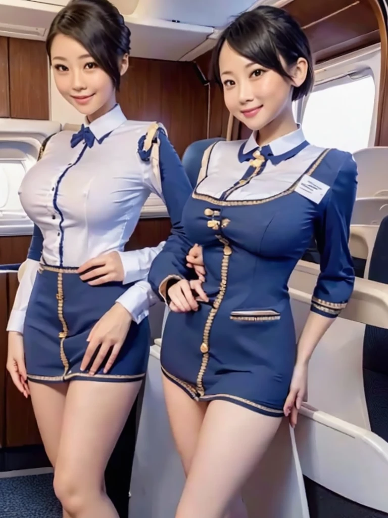 Highest quality、masterpiece、、Very detailed、Realistic、(Two Girls)、(Looking at me with a mischievous smile)、whole body、Small face、Narrow shoulders、(Big Breasts:1.2)、Thin and beautiful legs、Tight and slim waist、(Cabin attendant uniform with buttons:1.2)、(Tight mini skirt:1.1)、Short Hair、(Erect nipples:1.1)