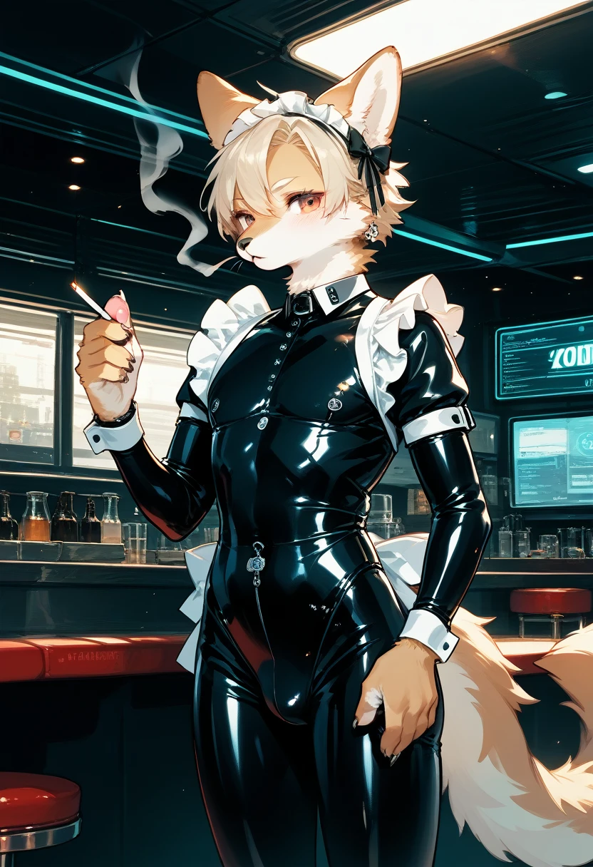 Highest quality, Highest quality, High quality illustrations, masterpiece, Ultra-high resolution, Detailed Background, Futuristic Bar, Smoking shisha, Absurd, Perfect Anatomy, Performance, Good lighting, Shadows in the movie(kemono, Furry Personification), Rubber suit, Rubber Suit, latex, Earrings, Maid, male