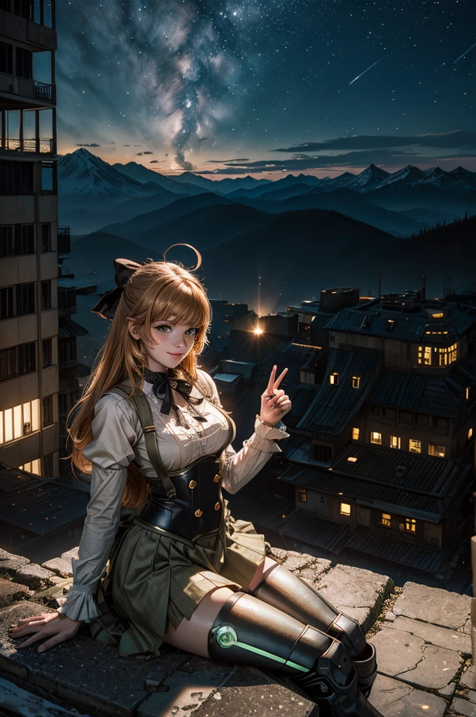 cowboy shot, (dynamic pose), smile,  underbust, Penny Polendina, long hair, neck ribbon, suspender skirt, corset, black bow, white blouse, mechanical legs, neon trim, sitting, ((people in city ruins on hill, overlooking valley)), BREAK night, stars, moon, snow, BREAK mountains in background, waterfall, vehicle wreck, ((people in military uniform)), bonfires, post-apocalypse, dystopian future, (volumetric lighting), intricate details, tonemapping, sharp focus, hyper detailed

