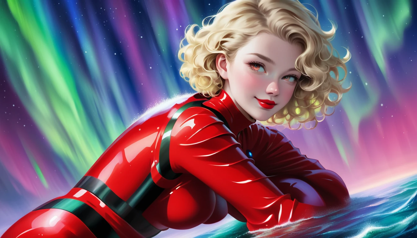 High-quality acrylic painting, VIVID COLORS, back point a view, a beautiful woman with short blonde curly hair, looking at the viewer with suspicious face and a shy smile, red lips, she wears space red rubber opaque armor, hands in the waist, background of nigh of aurora borealis in open sea