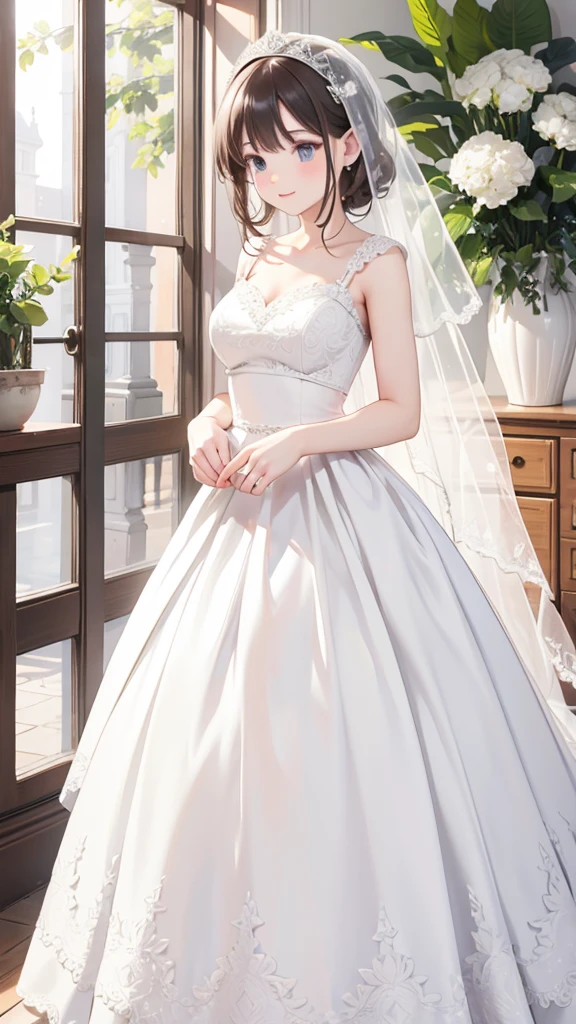 Gorgeous white, elegant, long, fit and flare, lace, southern wedding dress with a matching vail.