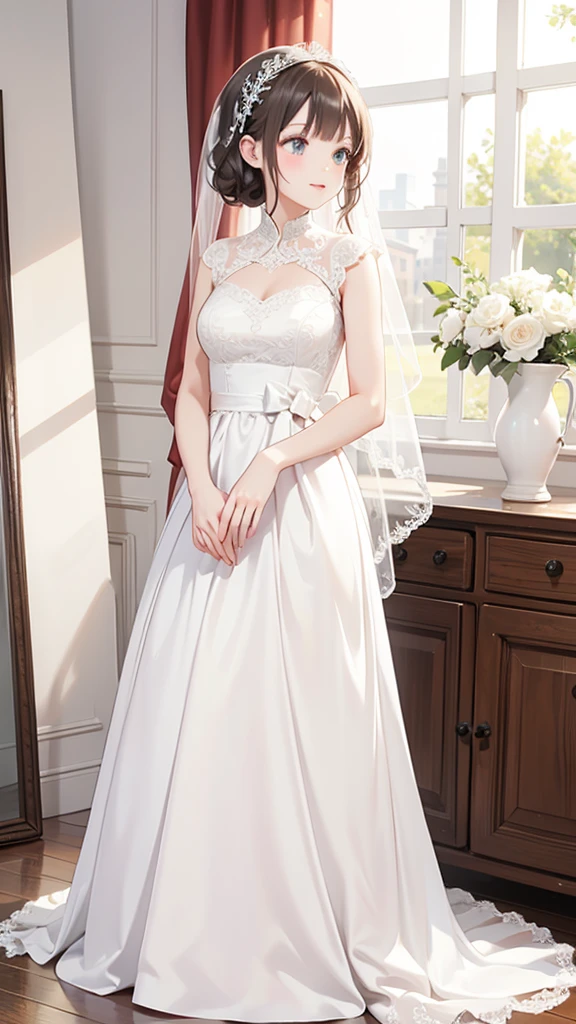 Gorgeous white, elegant, long, fit and flare, lace, southern wedding dress with a matching vail.
