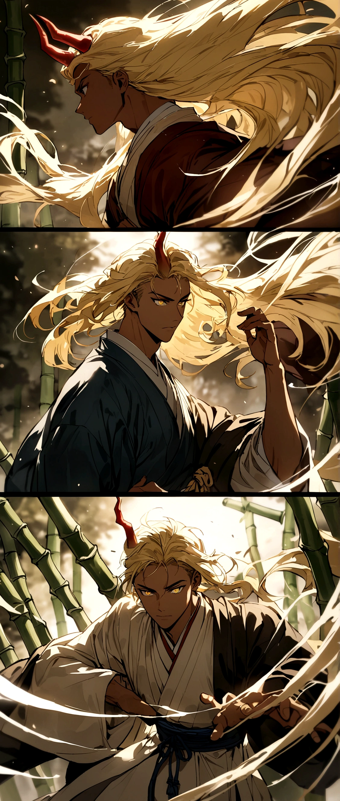 Beautiful young man with blond hair and dark skin, 27 years old, Yellow Eyes, A single red horn grows from the right side of its head...,The horn has three bamboo-like nodes., Wearing traditional Korean clothing, Waist-length flowing hair.Fight enemies with magic.