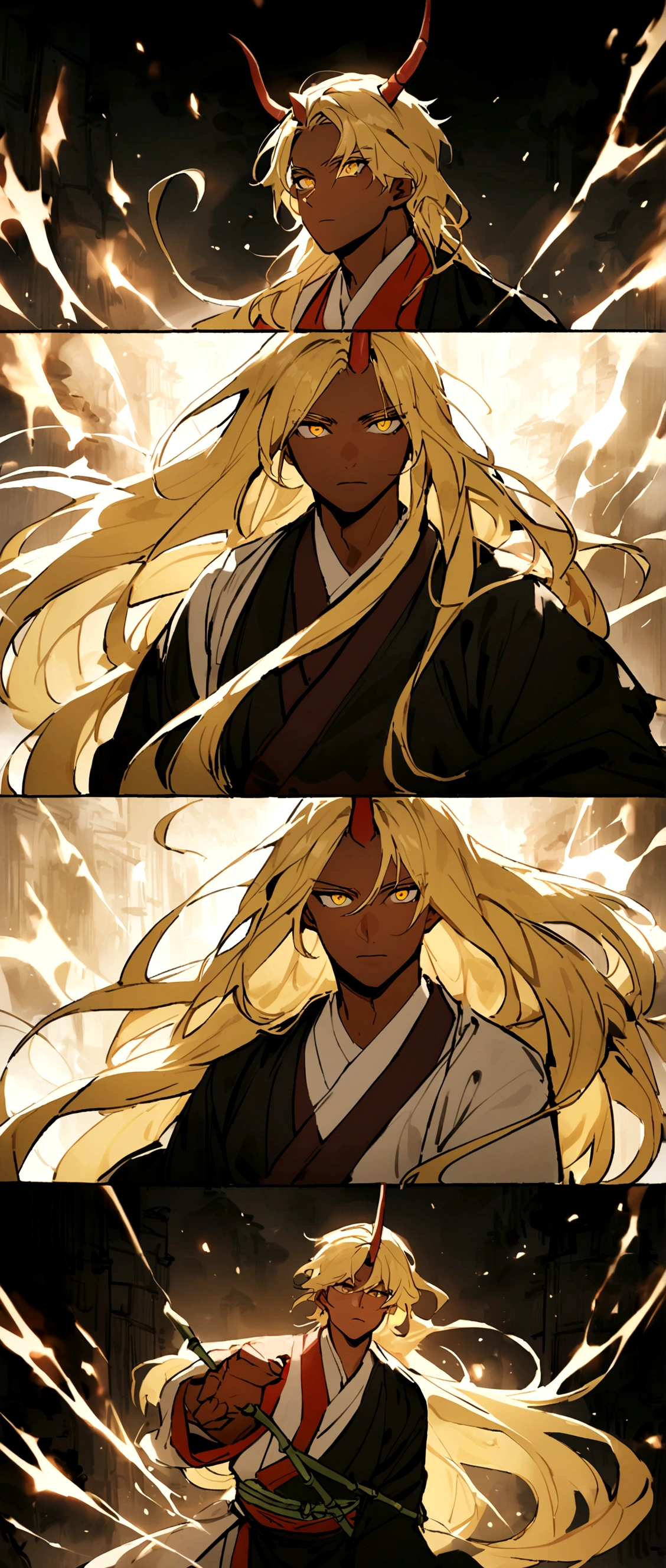 Beautiful young man with blond hair and dark skin, 27 years old, Yellow Eyes, A single red horn grows from the right side of its head...,The horn has three bamboo-like nodes., Wearing traditional Korean clothing, Waist-length flowing hair.Fight enemies with magic.