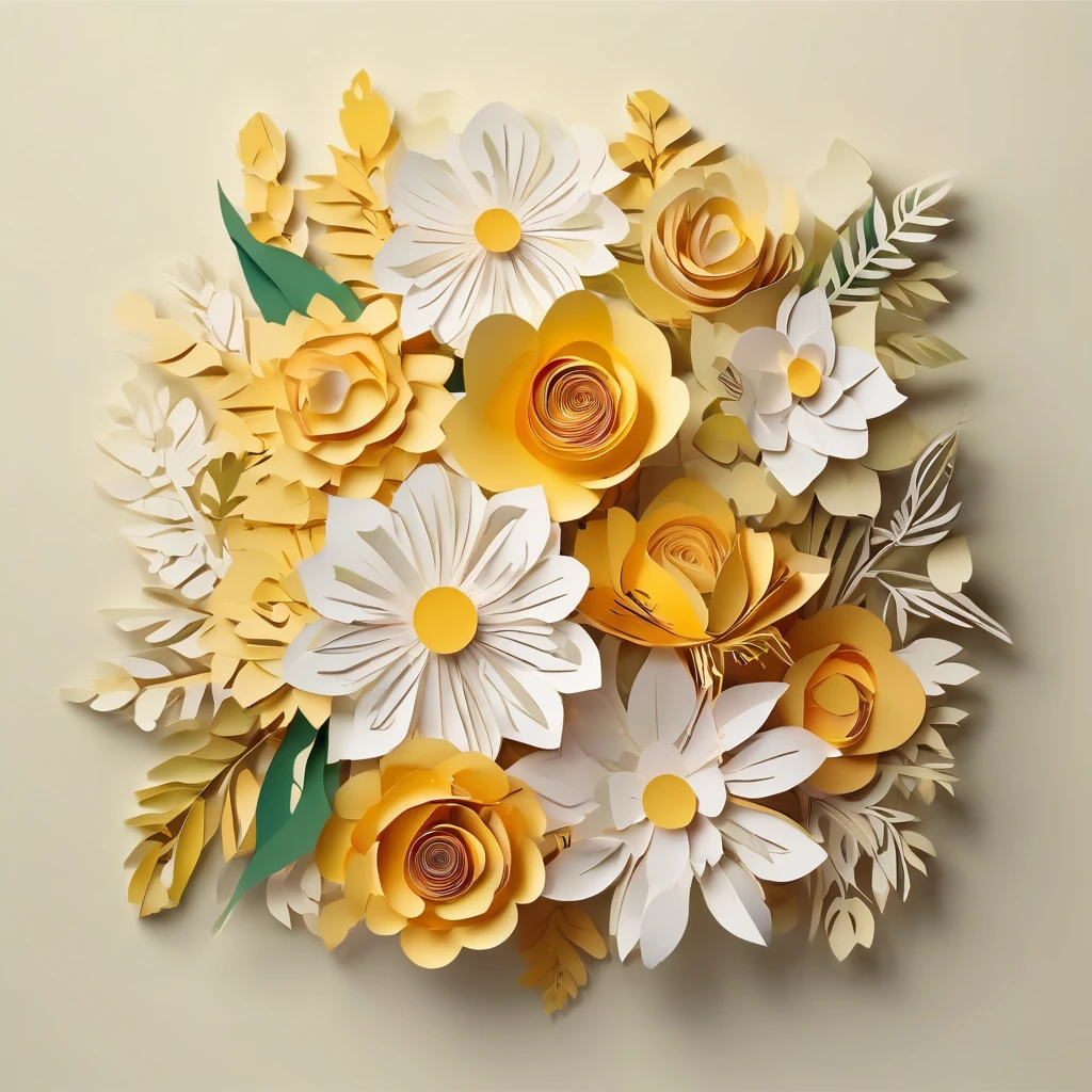 Cartoon illustration of beautiful bouquet of flowers, on a White background, centered on the scene, flowers with vegetation, from front view, layered paper design, estilo kirigami, detailed folds, bright cream and yellow color palette, naturallight, Masterful craftsmanship, Intrinsic, 4K, sharp focus, perfect paper fold, White background