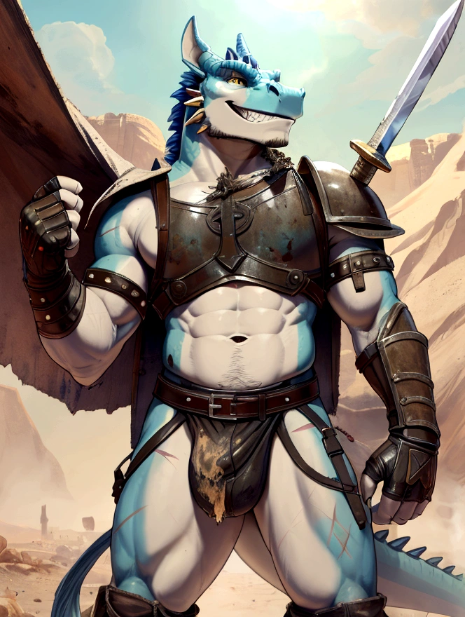 Solo Sexy young anthro scalie dragon male mercenary medieval solider, slim endomorph muscular, anthro handsome gay shorter muzzle, handsome gay model male apperance, sword scars, worn out leather skimpy armament, low on hips heavy leather belt, old very worn out skimpy dirty linen material jockstrap, old yellow dirty worn out stains on white sawn jockstrap, very visible "x" brown seam pattern on the jockstrap, studded skimpy armlets breastplate armor, skimpy breastplate, grey sharp husk, leather bondages, fingerless leather gloves, smelly unwashed husk, dirty body look, desert battlefield, standing in sexy victorious position above me, agressive dirty playfull grin, he is looking down into my eyes, first person view of view from ground under his close jockstrap