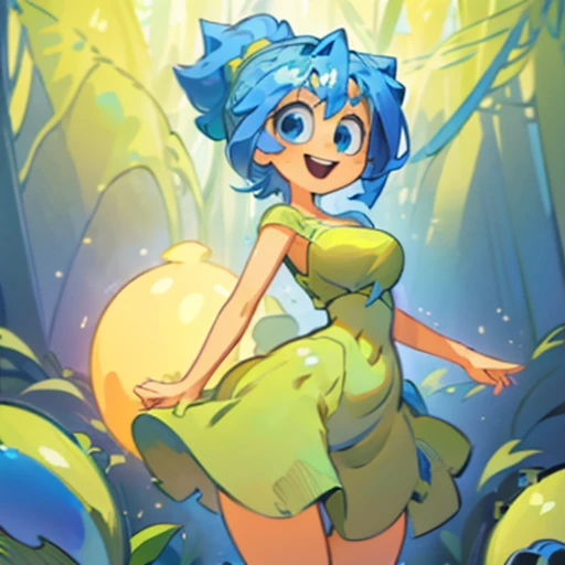 (masterpiece), ((perfect anatomy)), (high Res), (4k), joy, blue eyes, blue hair, yellow skin, huge breast, wide hips, (((green dress))), happy, (((cartoony artstyle))), (((solo))), narrow waist, (in a forest)